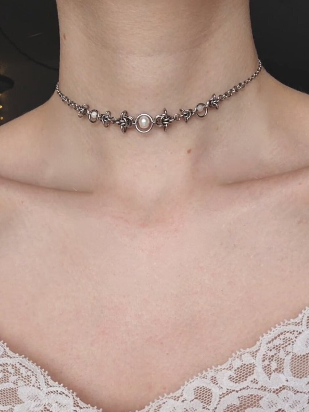 Vintage silver and white pearl choker necklace with a small silver chain